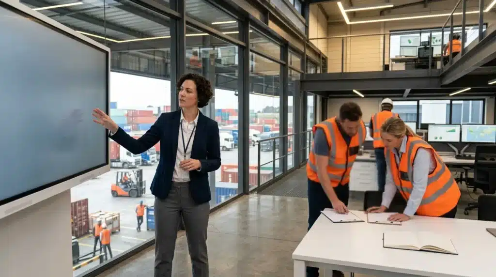 Femme présentant à des employés dans un entrepôt portuaire