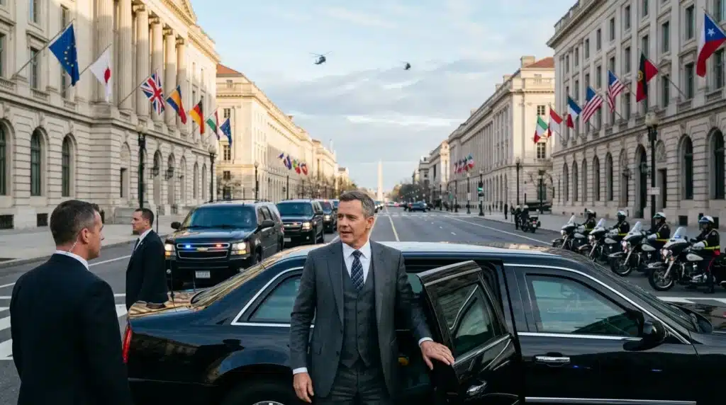 Officials exit vehicles on Pennsylvania Avenue with international flags