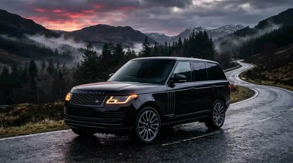 Range Rover noir luxe route montagne forêt coucher soleil