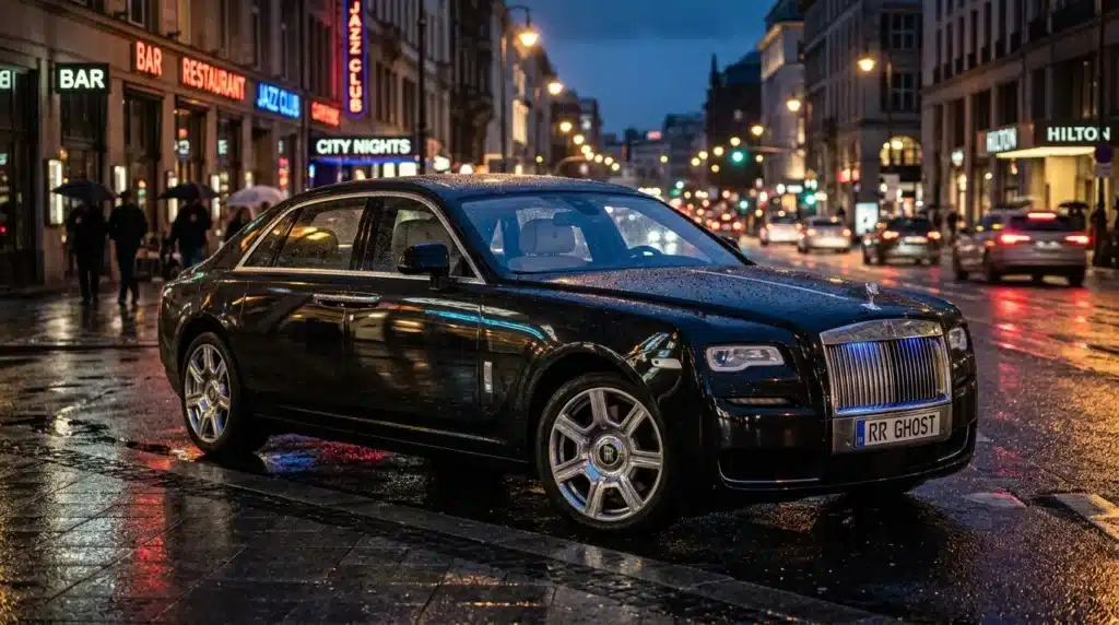 Luxueuse Rolls-Royce noire stationnée rue urbaine illuminée