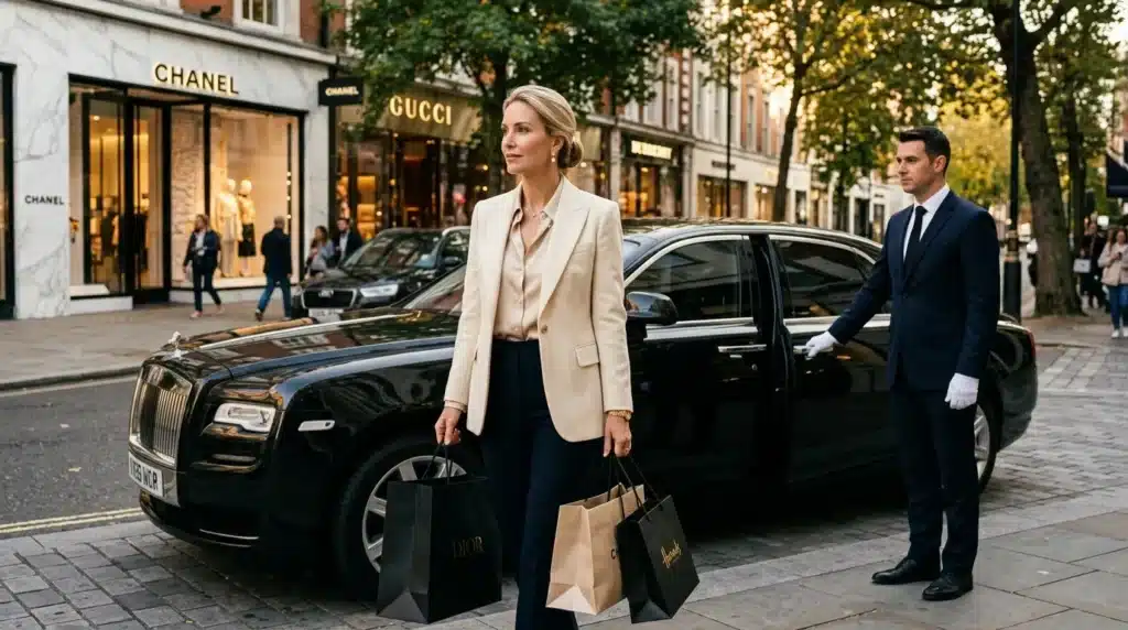 Femme élégante avec sacs de luxe à Knightsbridge