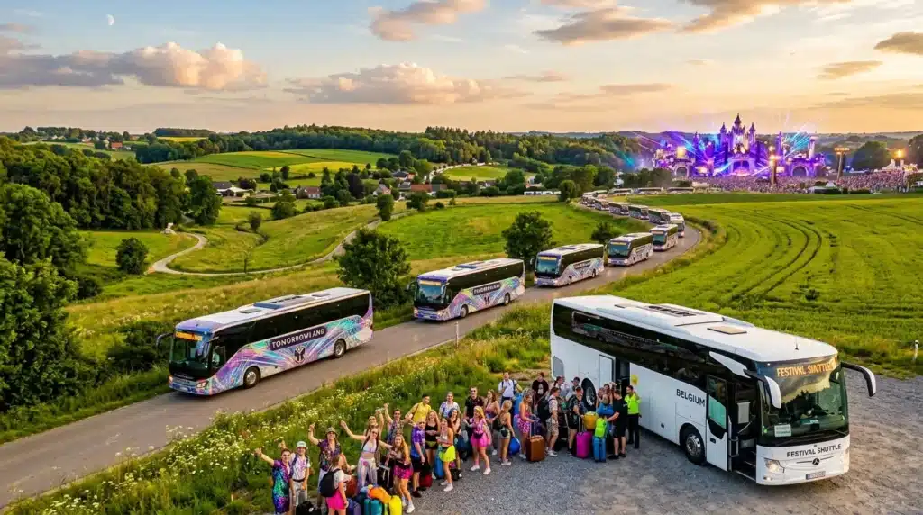 Convoi de bus de navette amenant les festivaliers à Tomorrowland