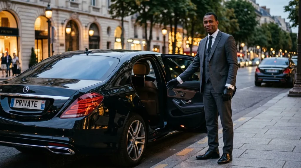 Homme en costume noir près d'une Mercedes noire